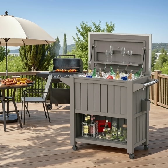Dovov Outdoor Patio Cooler Cart, 120 Qt Rolling Ice Chest Portable Beverage Cooler Cart with Wheels, Stainless Steel Lid, Bottle Opener, and Bottom Storage Shelf