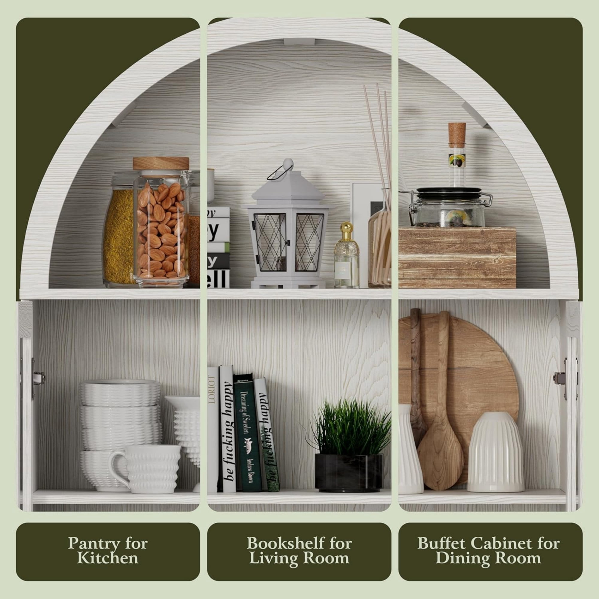 71 Inch Arched Cabinet with Glass Sliding Doors, Fluted Tall Pantry Cabinet with Adjustable Shelves, White