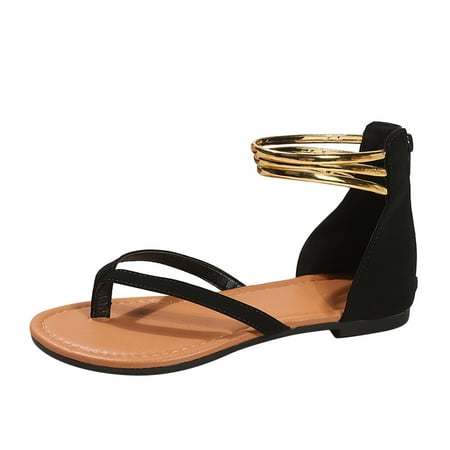 

Larisalt Womens Sandals Women s Thong Flat Sandals T-Strap Sandals Ankle Strap Strappy Sandals Summers Sandals Black