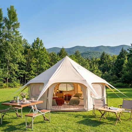 600D Oxford Bell Tent 14.8ft*9.2ft with Stove Jack for Glamping & Family Camping