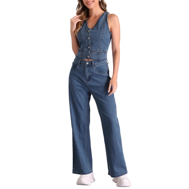 INSPIRE CHIC Conjuntos de 2 Piezas para Mujeres Conjunto de Denim Chaleco Sin Mangas con Botones Jeans de Pierna Ancha XL Gris Azul