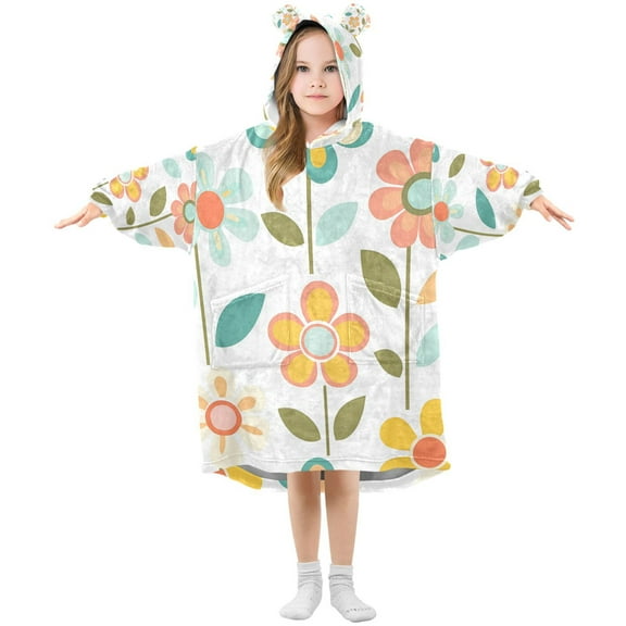 FORMRS Wearable Blanket Hoodie with Sleeves for Kids Cozy Flannel Sweatshirt, Orange Retro Flower