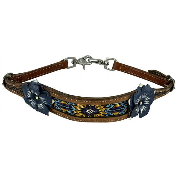 Showman 3D Blue Flower Leather Wither Strap w/ Beaded Center