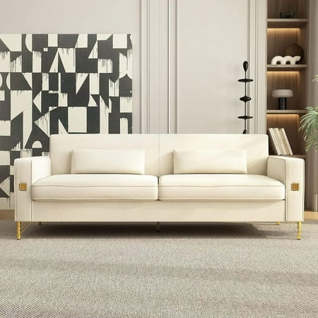 Mid-Century Modern Sofa Couch, 84" Loveseat Velvet Sofa, Large Sectional Couch with Gold Metal Legs for 3-4 Persons, Upholstered Deep Seat Couches for Living Room, Bedroom, Home, Office(Beige)