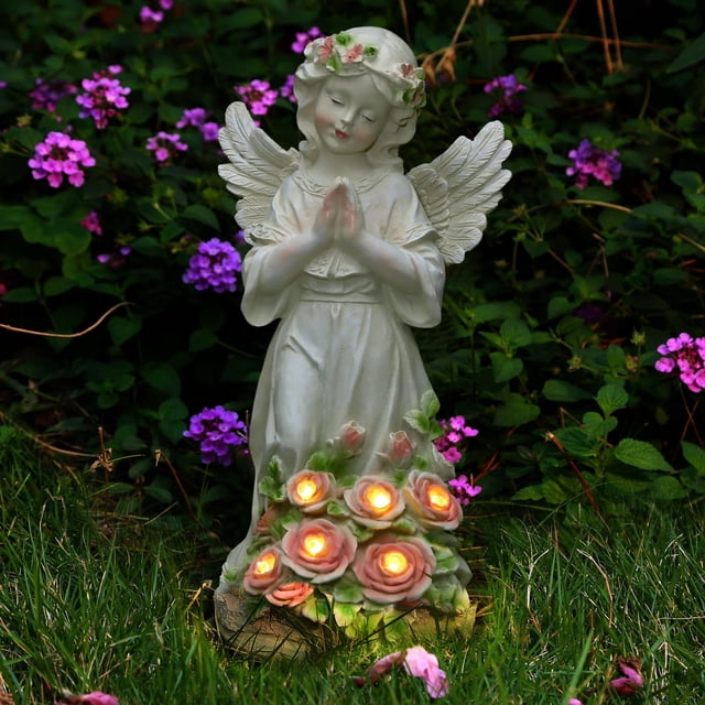 Estatua de ángel para decoración de jardín con panel solar y resina