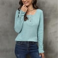 thumbnail image 5 of Womens Casual T-shirt Fashion Button V-Neck Tee Top Long Sleeves Shirts Top Summer Autumn T-shirt Slim-Fit Tee Shirts blue gray XXL, 5 of 5