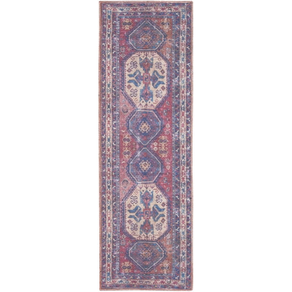 HomeRoots 533081 10 ft. Blue & Red Floral Power Loomed Distressed Washable Runner Rug