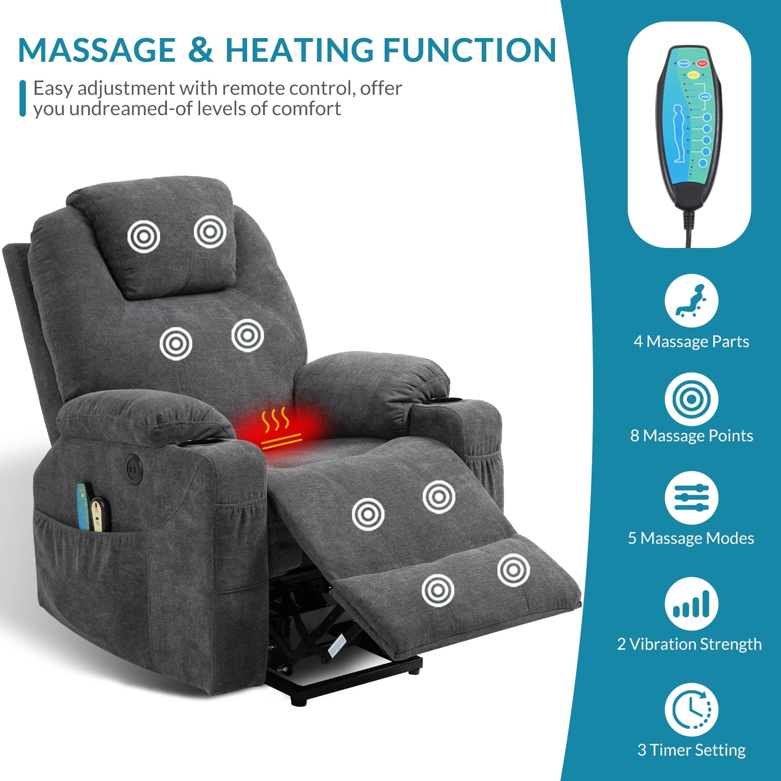 OUINCH Power Lift Recliner Chair, Electric Massage & Heated, Fabric with USB & Cup Holders, Grey