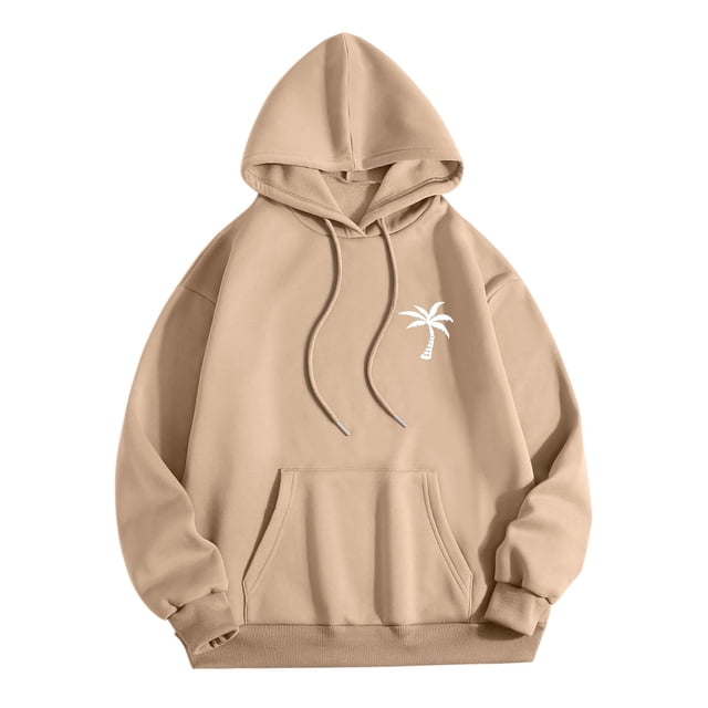 LUOGENLI Mens Hoodies Blanket Male and Women Autumn and Winter Solid Color Coconut Tree Printing Sweater Hooded Long Sleeve Pocket Sweater Hoodies for Men Zip up with Designs Khaki Size S