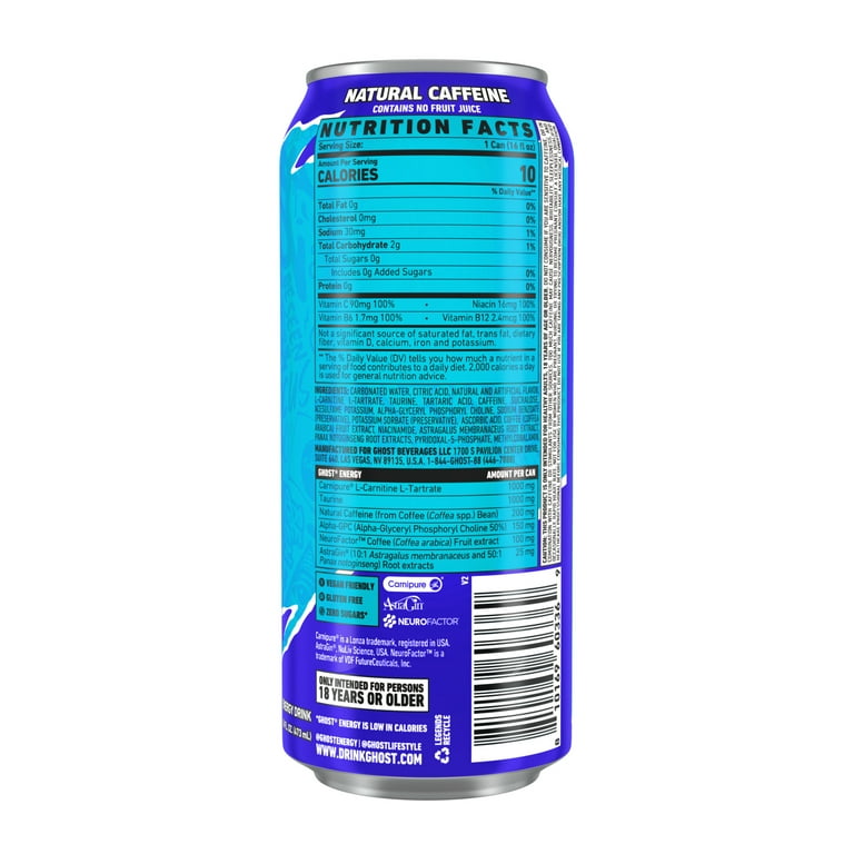GHOST® ENERGY Zero Sugars Energy Drink, Blue Raspberry, 200mg Natural  Caffeine, 16 fl oz Can