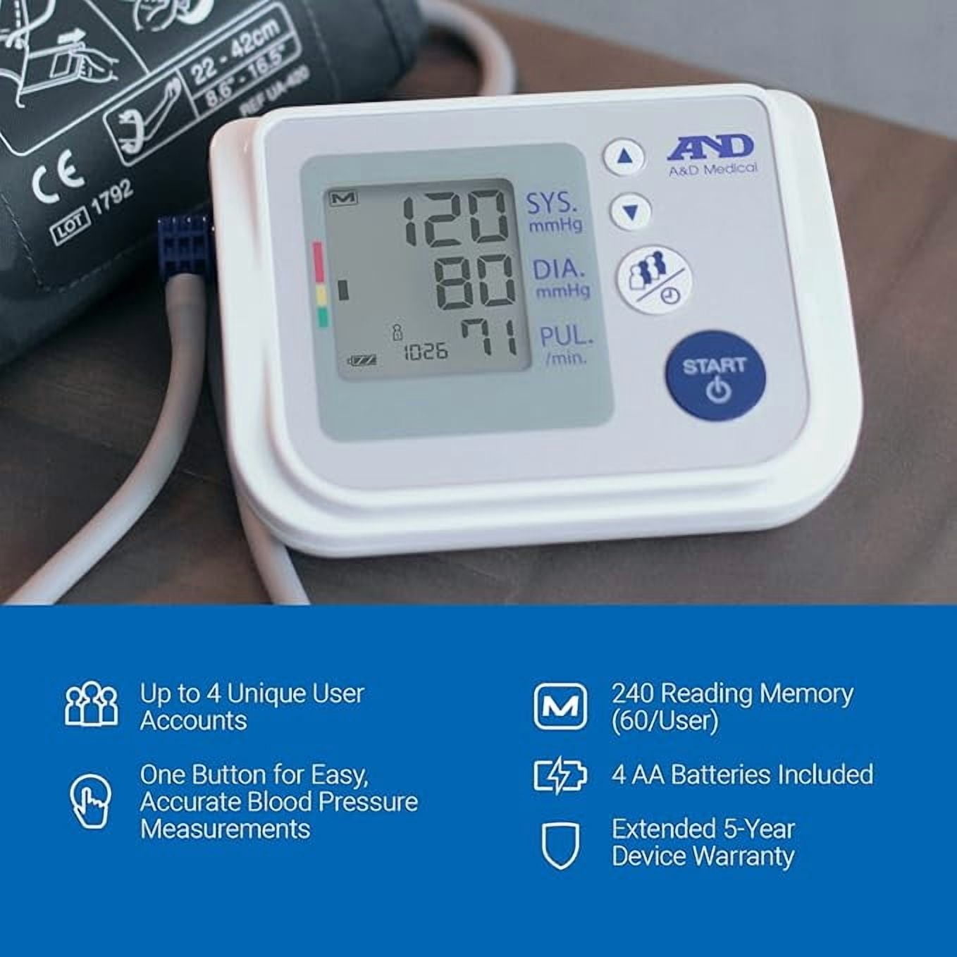 A&D Medical Bluetooth Blood Pressure Monitor, Upper Arm, Wide Cuff, Digital, Heart Rate Detection (UA-767F)