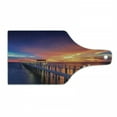 thumbnail image 1 of Landscape Cutting Board, Wooden Bridge in the Port at Sunrise Horizon Candle Romantic Love Image Print, Tempered Glass Cutting and Serving Board, Wine Bottle Shape, Orange Navy, by Ambesonne, 1 of 1