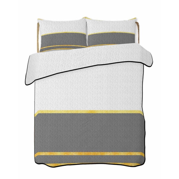 Quilts Twin-XL Size Bedding Set, Modern Grey Gold Lightweight Quilted Comforter, Minimalist Geometric Yellow Striped Soft Reversible Bedspread Coverlet with Pillow Covers for All Season, 68" x 98"