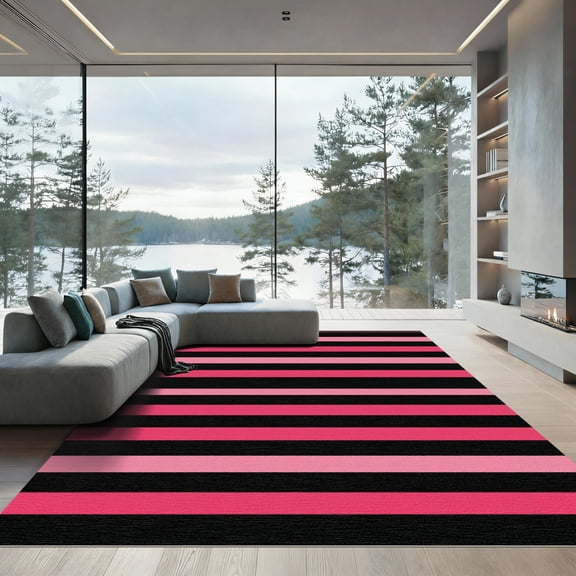 ODIKA 4'x6' Machine Washable Non-Slip Area Rug, Geometric Black High Traffic Rug, Pink, 1149496