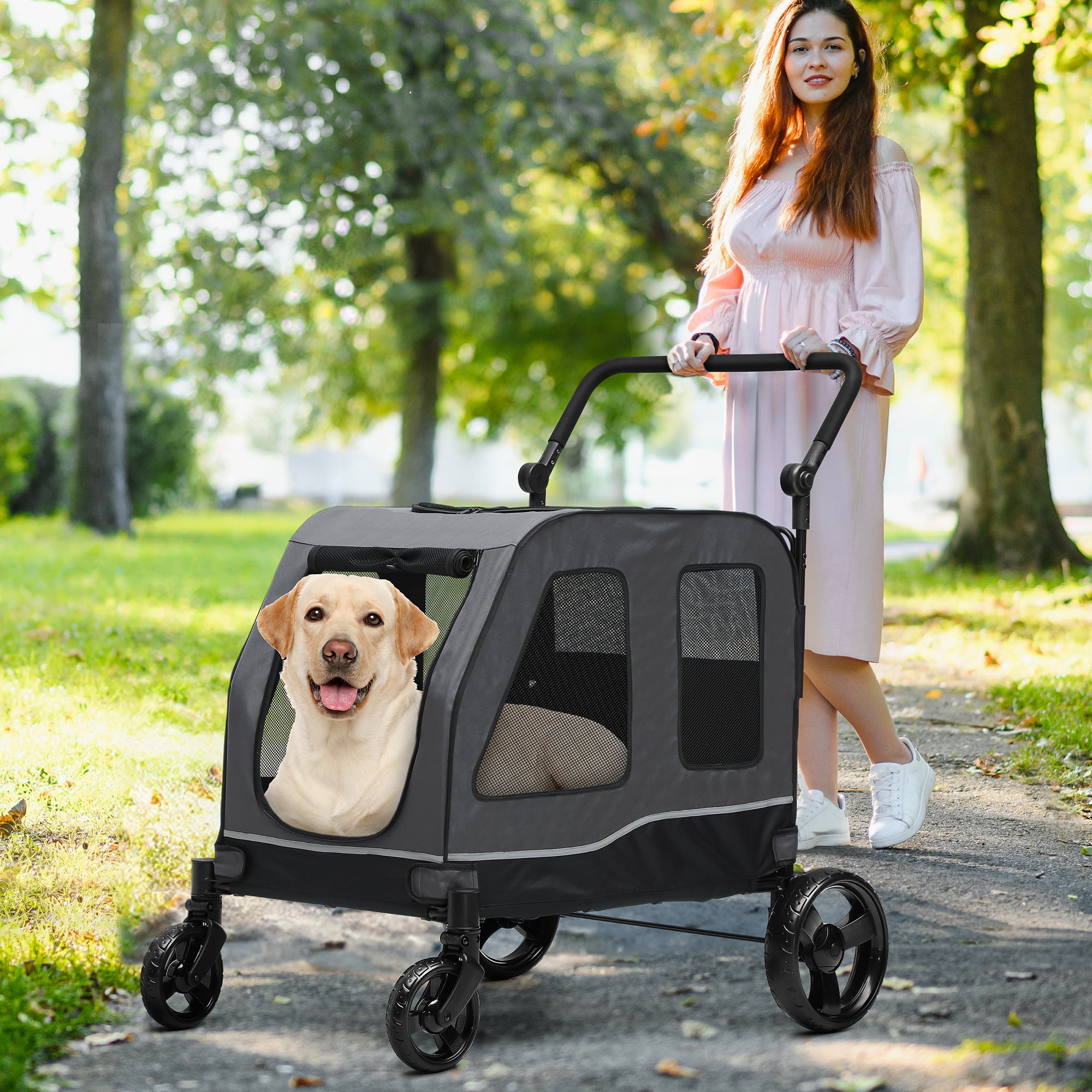 Uforic Foldable Dog Stroller, 4-Wheel Pet Stroller with Dual-Entry, Adjustable Handle, Reflective Strips, Folding Dog Wagon Up to 132 lbs Capacity for Large Dogs, Gray