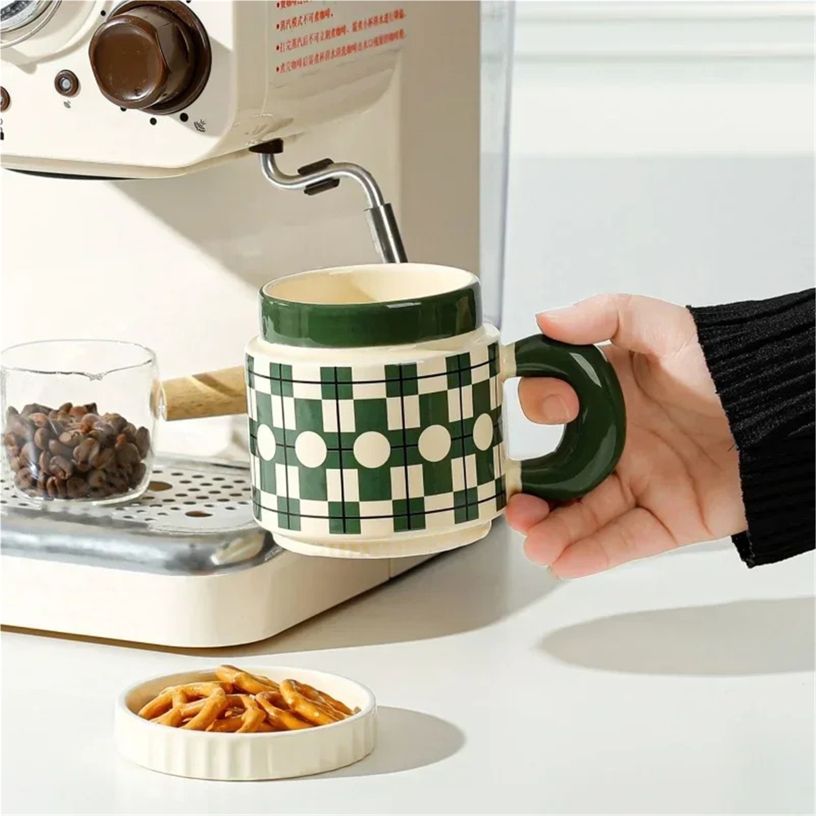 Espresso cup 400ML Ceramic Mug Checkerboard Flower Pattern Coffee Cup With