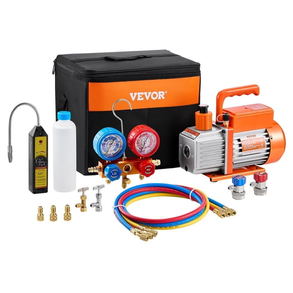 VEVOR 4.5 CFM AC Vacuum Pump and Gauge Set, Single Stage Rotary Vane HVAC Air Vacuum Pump, A/C Refrigerant Manifold Gauge Kit, with Leak Detector Hoses, for R134a, R12, R22, R502a, R410A, R404, R407C