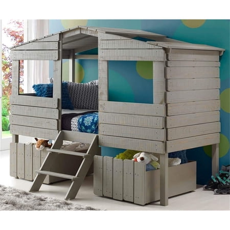 Donco Kids Tree House Low Loft Bed-Color:Rustic Grey Size:Twin Style:W/DUAL UNDERBED DRAWERS