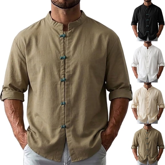 UVEASISHA Linen Shirts for Men Roll Up Long Sleeve Beach Shirt Stand Collar Casual Chinese Frog Button Shirts Solid Color Vacation Wear Army Green L