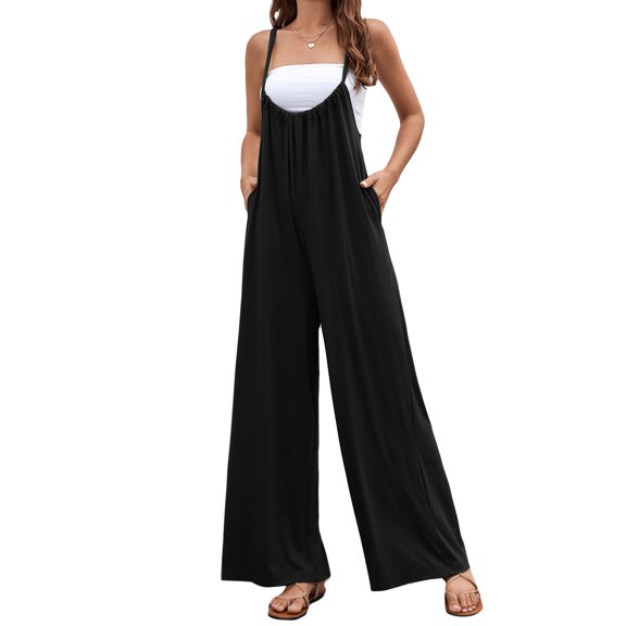Women's Casual Loose Jumpsuit Wide Leg Pants Spaghetti Straps Bib Overall Rompers with Pockets