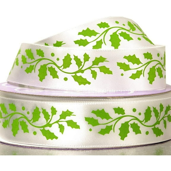 Green Holly Leaves On White Satin Ribbon - 7/8in. Width x 25 Yards (Not Wired) (561670704)