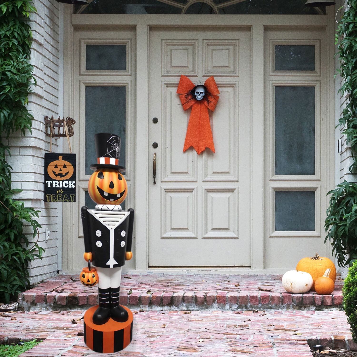Haunted Hill Farm 4 ft Jack-O-Lantern Nutcracker Prelit LED Resin Figurine, Indoor or Covered Outdoor Halloween Decoration, Plug-In, HHRS048-1PMP-MLT