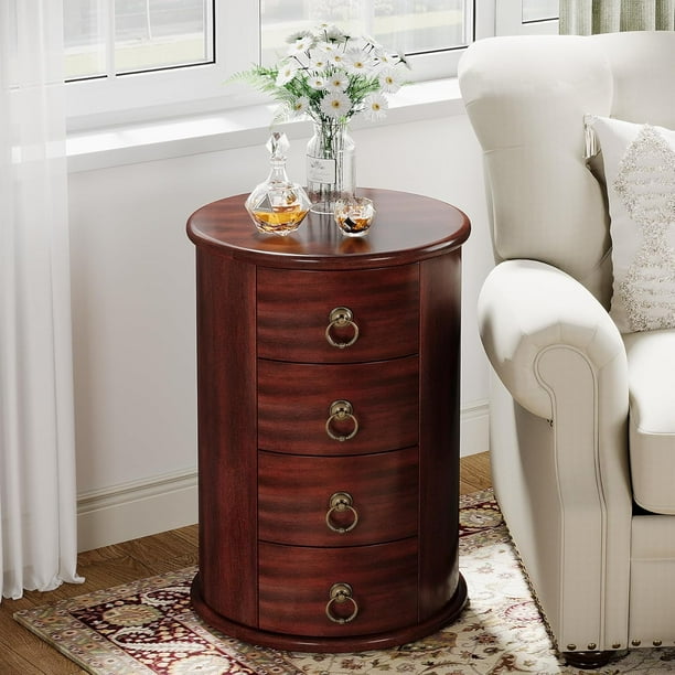 Tribesigns Solid Wood End Table Round Side Table with 4 Drawers Vintage Bedside Table Nightstand for Small Spaces Living Room Bedroom No Assembly