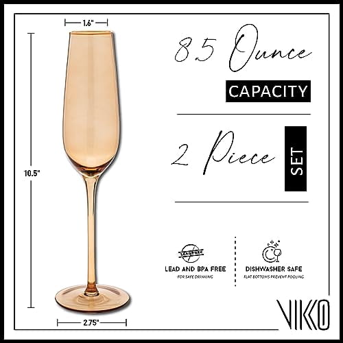 Vikko Champagne Flutes, 8.5 Ounce Toasting Champagne Flute, Amber with Gold Rim Crystal Clear Champagne Glasses, Set of 2 Elegant Sparkling Wine Glasses