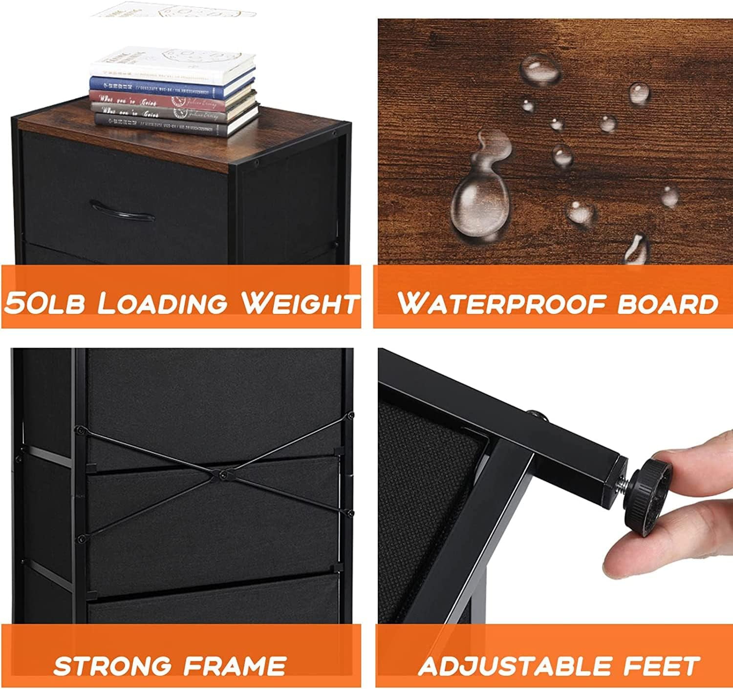 Small Nightstand Dresser, 4 Drawer Fabric Storage Bins Organizer, Black