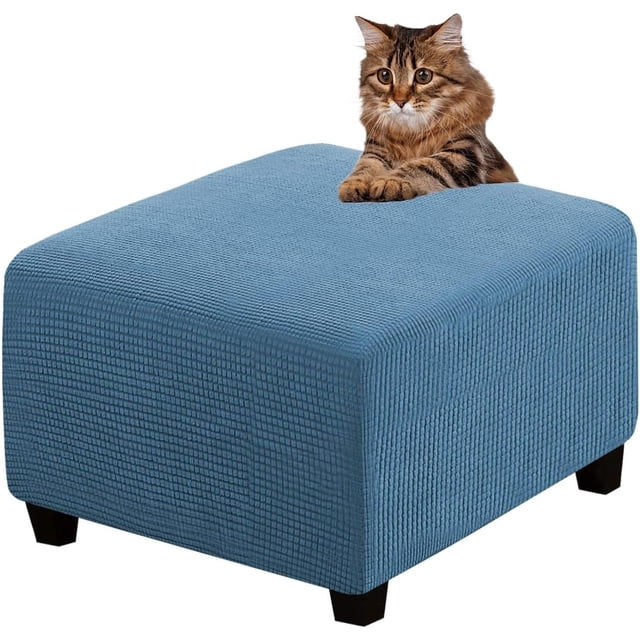 Ottoman Cover Slipcovers Square Fit Length 13"-44" Footrest, Stool Covers, Ottoman Protector Cover, Footstool Covers with Stretch Thick Checked with Elastic Bottom, Removable Washable(Dusty Blue,XXL(8