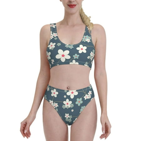 Daiia Blue Flower Women S Bikini Swimsuit Two Piece Swimsuit High Waisted Slim Fit High Leg Spaghetti Straps Bathing Suit- Medium