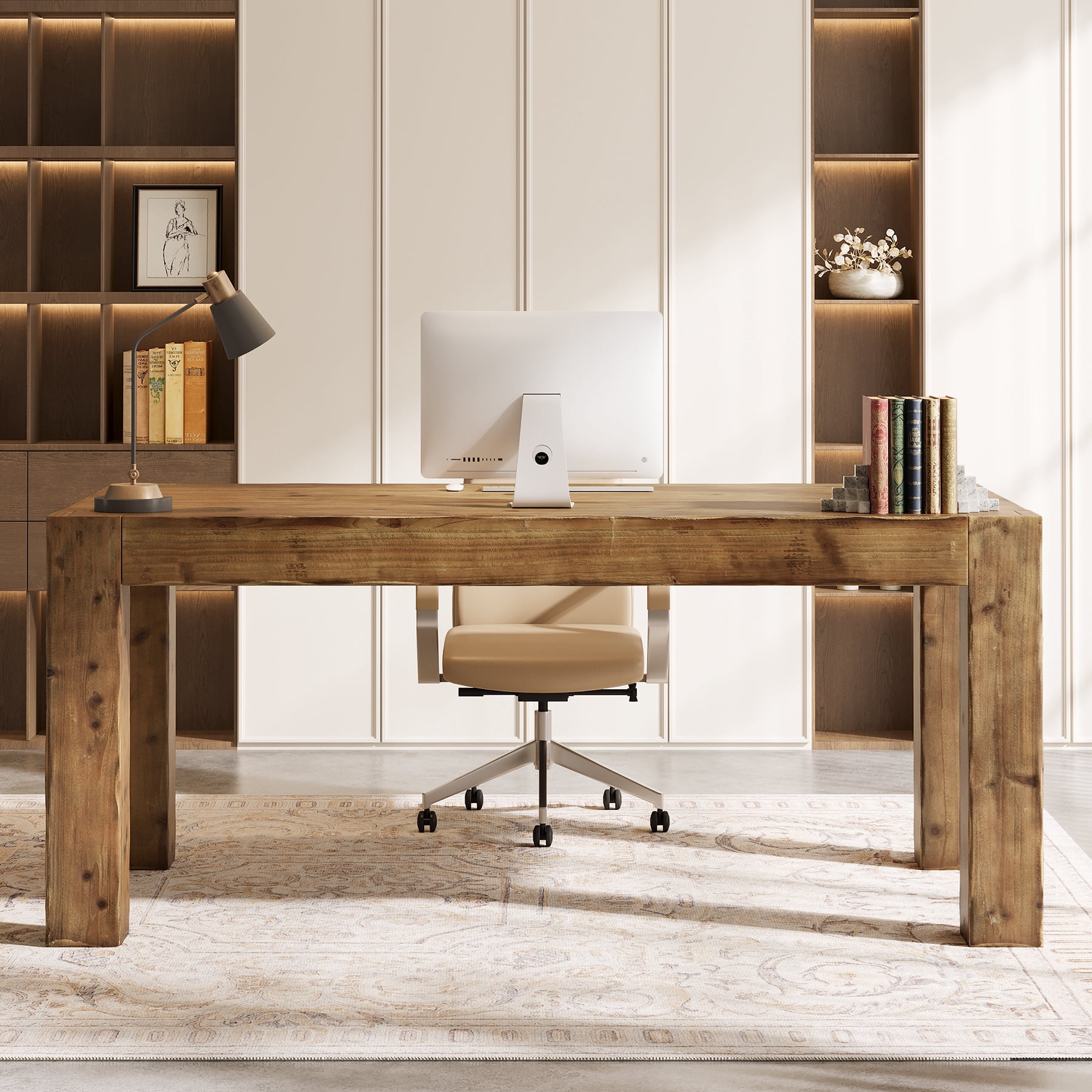 Finmind 63-inch Solid Wood Executive Desk, Farmhouse Wooden Home Office Computer Desk, Large Writing Study Table for Home Office, Rustic Brown