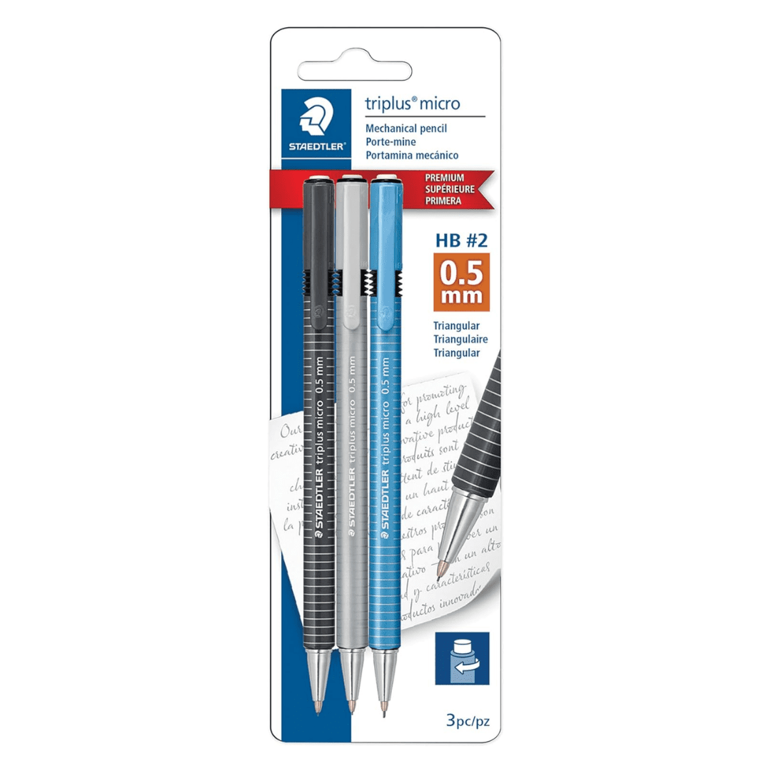 STAEDTLER Triplus Micro Mechanical Pencils 18 Pack (18 sets of 3 pcs) (#2) 0.5mm lead, Retractable with Twist Eraser, Ergonomic Triangular Grip for Writing, Drawing & Drafting, 54 Count