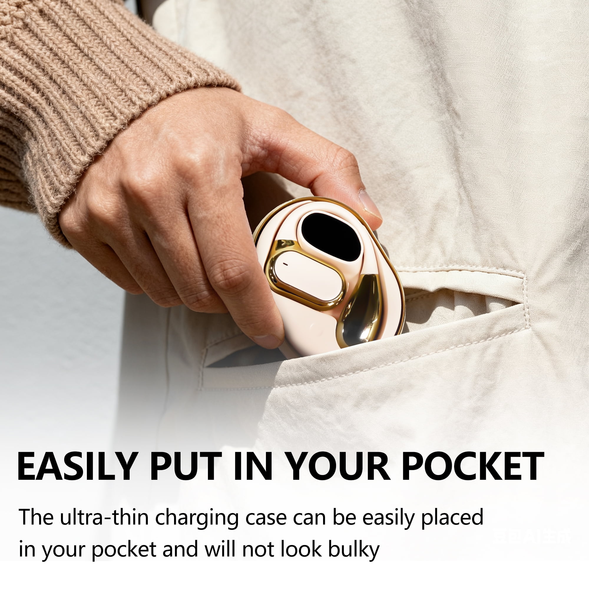 True Wireless Stereo Earphone, Open Ear Touch Control Bluetooth Headphone with Earhook, Type-C Charging Earphone for Meeting/Travel/Video/Game, Gold