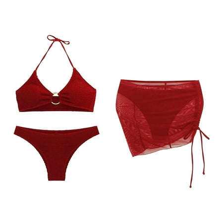 JIANJIA Swim Suits for Women Summer Solid Color Lace Up Halter Hollow Sexy Brassiere With Thongs Mesh Cover Up Swimming Skirt Three Piece Bikinis Swimwears Activewear Red XL