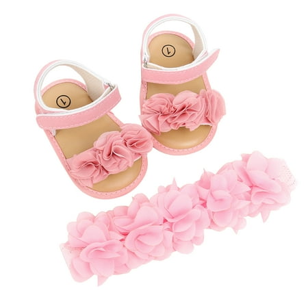 

ZRBYWB Toddler Sandals Baby Girls Rose Princess Sandals The Floor Barefoot Non Slip First Walkers Prewalker Shoes Hairband 2Pcs Set