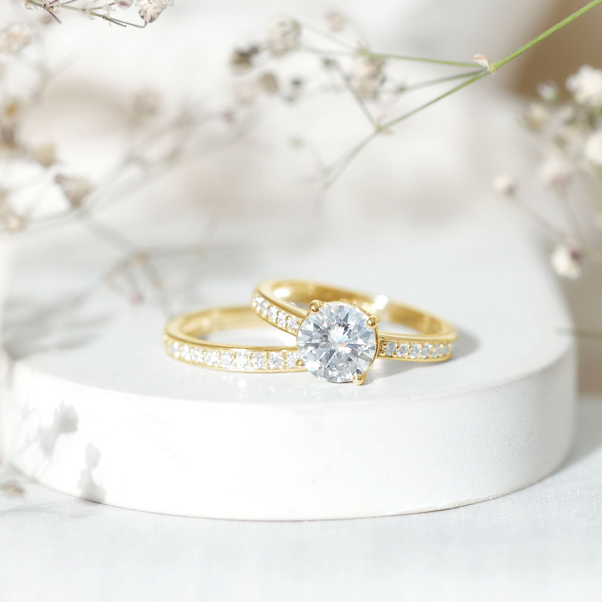 Rosec Jewels Lab Grown Diamond Wedding Engagement Ring Set for Women - 2 Carat Engagement Ring with Band - EF-VS Quality, 10K Yellow Gold, US 8.50