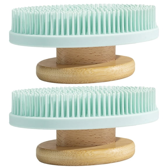 Washranp 2Pcs Soft Silicone Body Scrubber Shower Brush,Bamboo Handheld Cleansing Massage Skin Brush Gentle Exfoliating and Lather Well