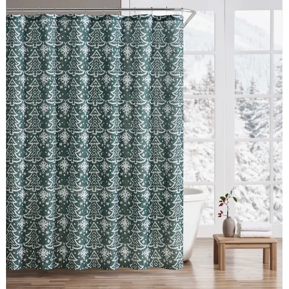 Kate Aurora Tis' The Season Christmas Trees & Snowflakes Fabric Shower Curtain
