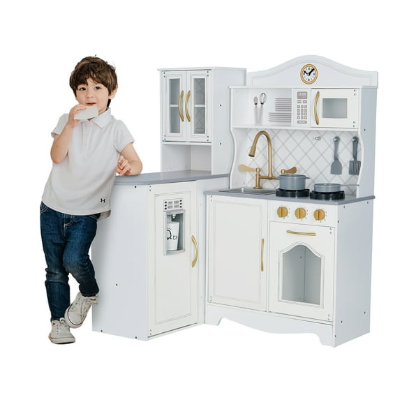 Teamson Kids Little Chef Upper East Side Modular Kitchen Playset with Light and Sound Effects, 8-Piece Accessory Set, and Interactive Features, White and Gold