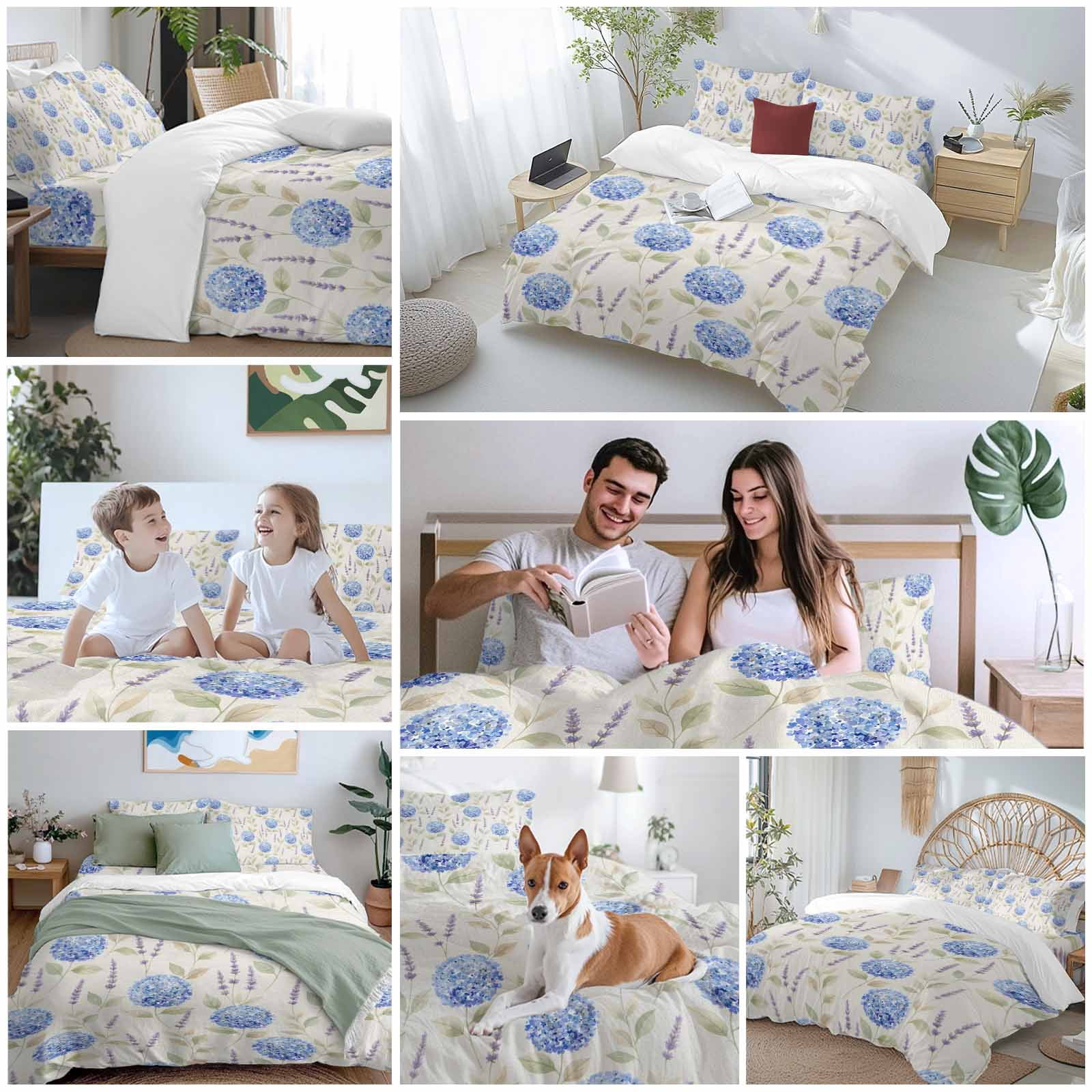 Spring Plant Queen Duvet Cover Set, Blue Hydrangea Purple Lavender Vintage Flower 4 Piece Microfiber Bedding Set with Zipper Closure, Bed Sheet and 2 Pillow Shams, Soft Bedding Cover