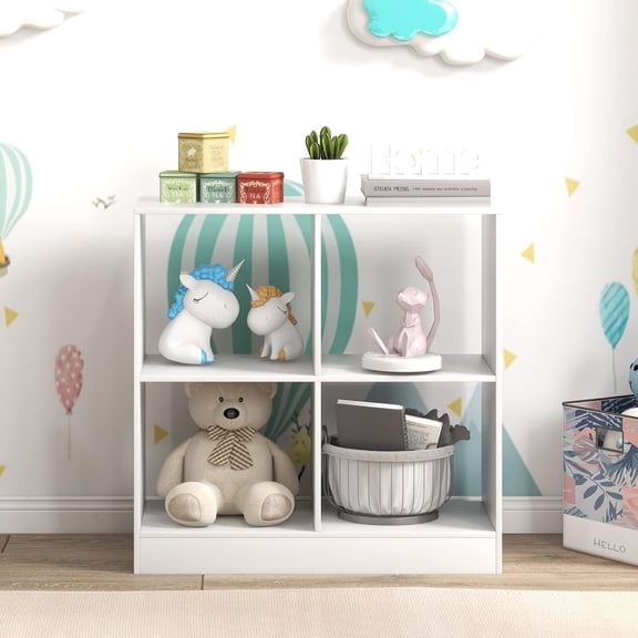 Toy Organizers and Storage, Wooden White 4-Cube Kids Bookcase for Books Toys Display Organization, Toddler Bookshelf for Bedroom, Living Room, Nursery, Playroom