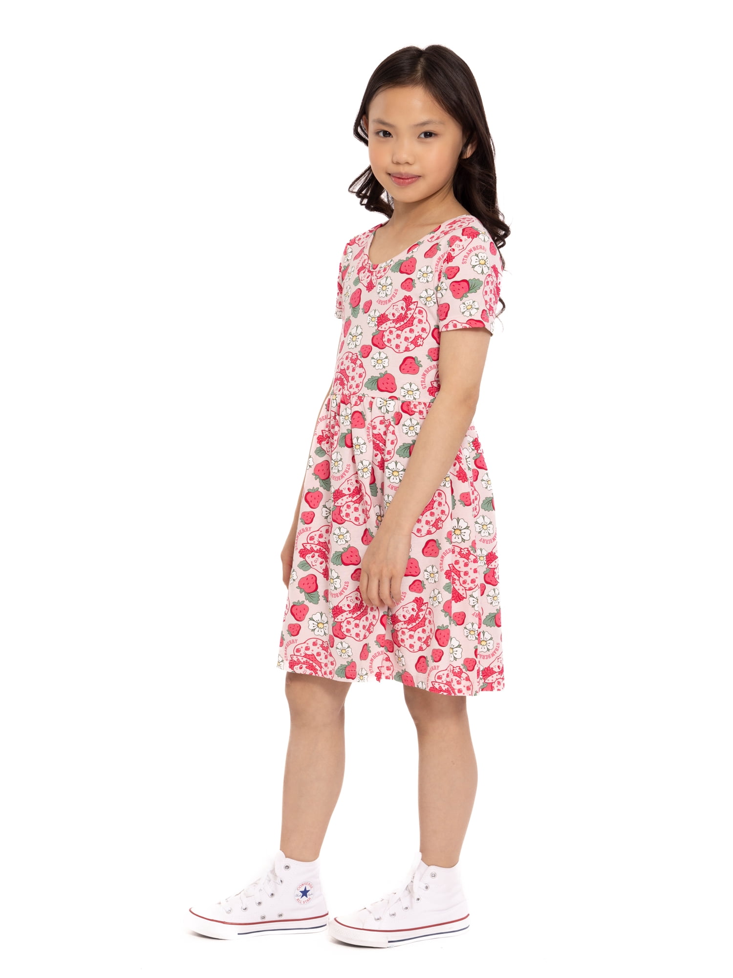 Strawberry Shortcake Girls Allover Print Dress with Short Sleeves, Sizes 4-12