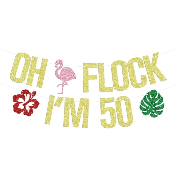 Oh Flock I’m 50 Banner, Happy 50th Birthday Hanging Decorations, Cheers to 50 Years, Summer Flamingo Hawaiian Luau Tropical Aloha 50 Years Old Birthday Anniversary Party Decorations Supplies