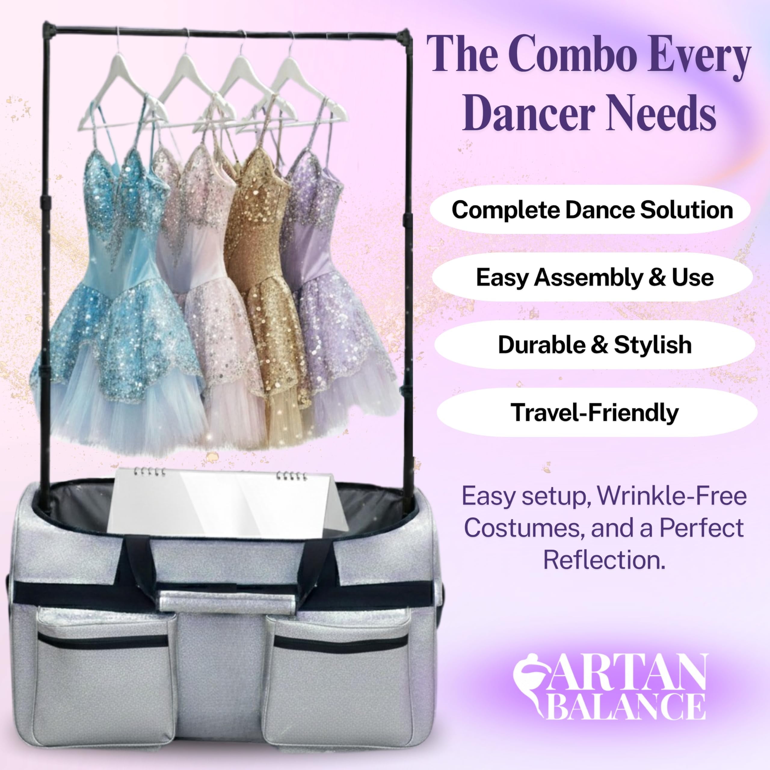 28″ Rolling Dance Trolley Bag With Garment Rack & Foldable Mirror – Wheeled Upright Duffel Travel Suitcase for Shows & Competitions (Sparkling Silver)