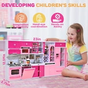 Play Kitchen Set - 5 in 1 Kids Kitchen Play Set with Cooking Toys & Play Food, Mini Pink Kitchen for Girls 3-8