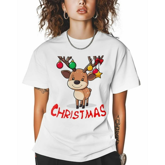 T Shirts for Women Short Sleeve Cotton Crewneck T-Shirt, Merry Christmas Cartoon Elk Color Light Tee Tops Casual Basic T-Shirts, XS-5XL White 5XL