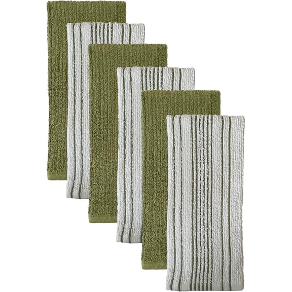 Premium Cotton Kitchen Towels Dish Towels Set of 6, 3 Vertical Stripe and 3 Solid Kitchen Towels 425 GSM, Soft and Highly Absorbent, Machine Washable Size: 16 x 26 Inch.
