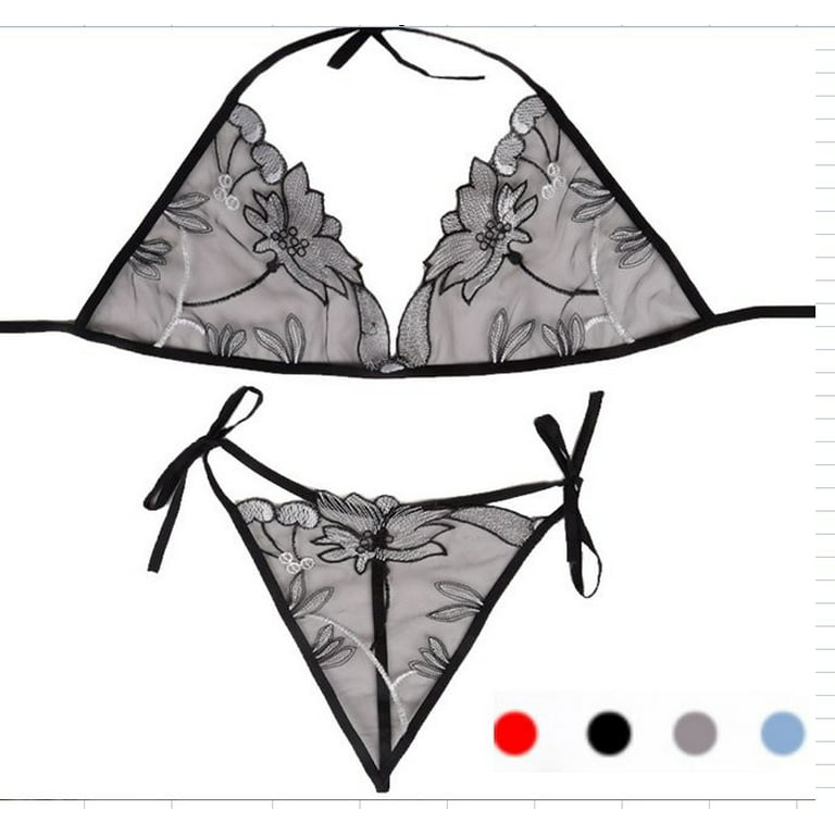 ALSLIAO Womens Mesh Bra Set Sexy Open Crotch Lingerie Bikini G-String Thong  Underwear Blue 