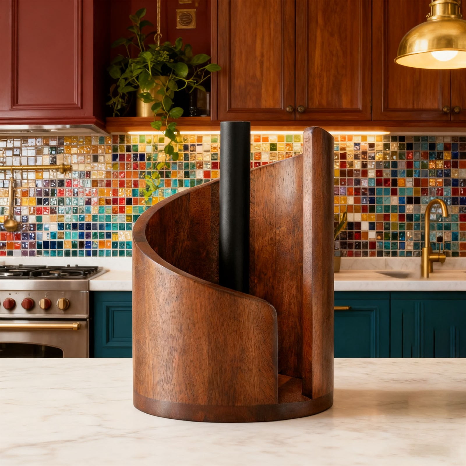 Mountain Paper Towel Holder Countertop with Mango Wood Round Base and Iron, Wood Paper Towel Holder Modern Spiral Cover Design, Mountain Themed Papers for Kitchen Bathroom (Black)